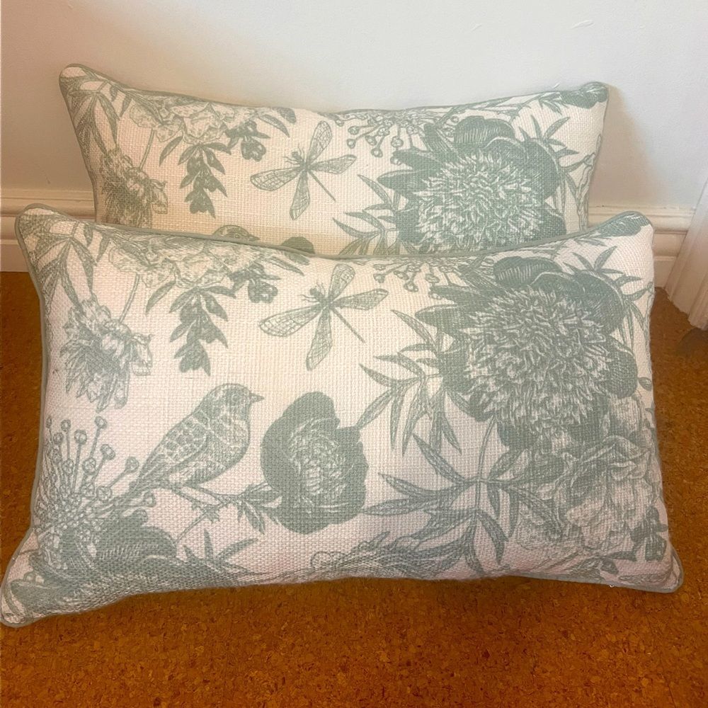 set of two thro feather filled 12x20 pillows green bird floral striped on back